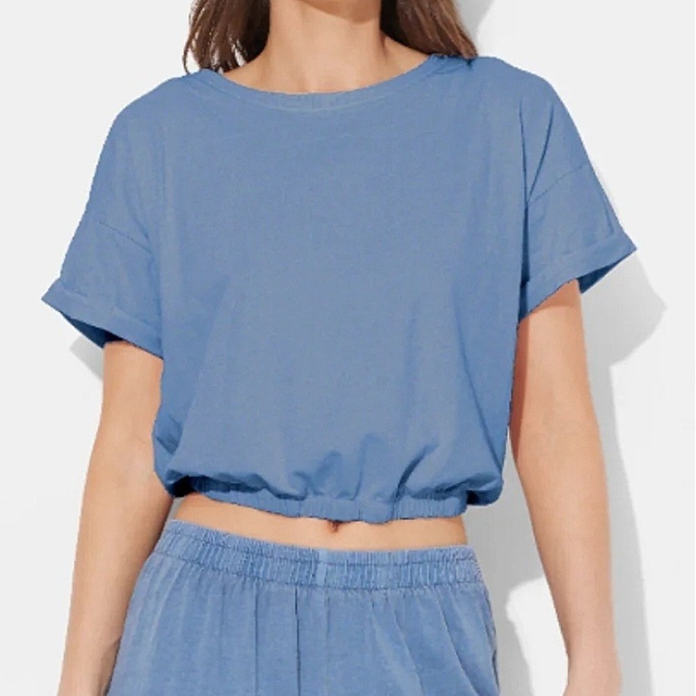 Ocean Drive Garment Dye Tee Top Sz L‎ Blue Wash Elastic Cropped Waist